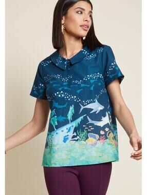 ModCloth Whimsical Retro Inspired Ocean Sea Short Sleeved Button Up Shirt, S
